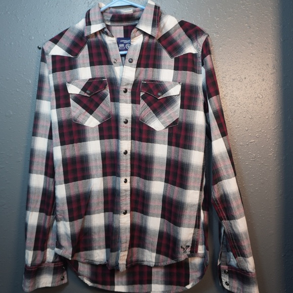 American Eagle Mens Red & Black Plaid Snap Button Up Vintage Fit Shirt Size XS - Picture 1 of 6